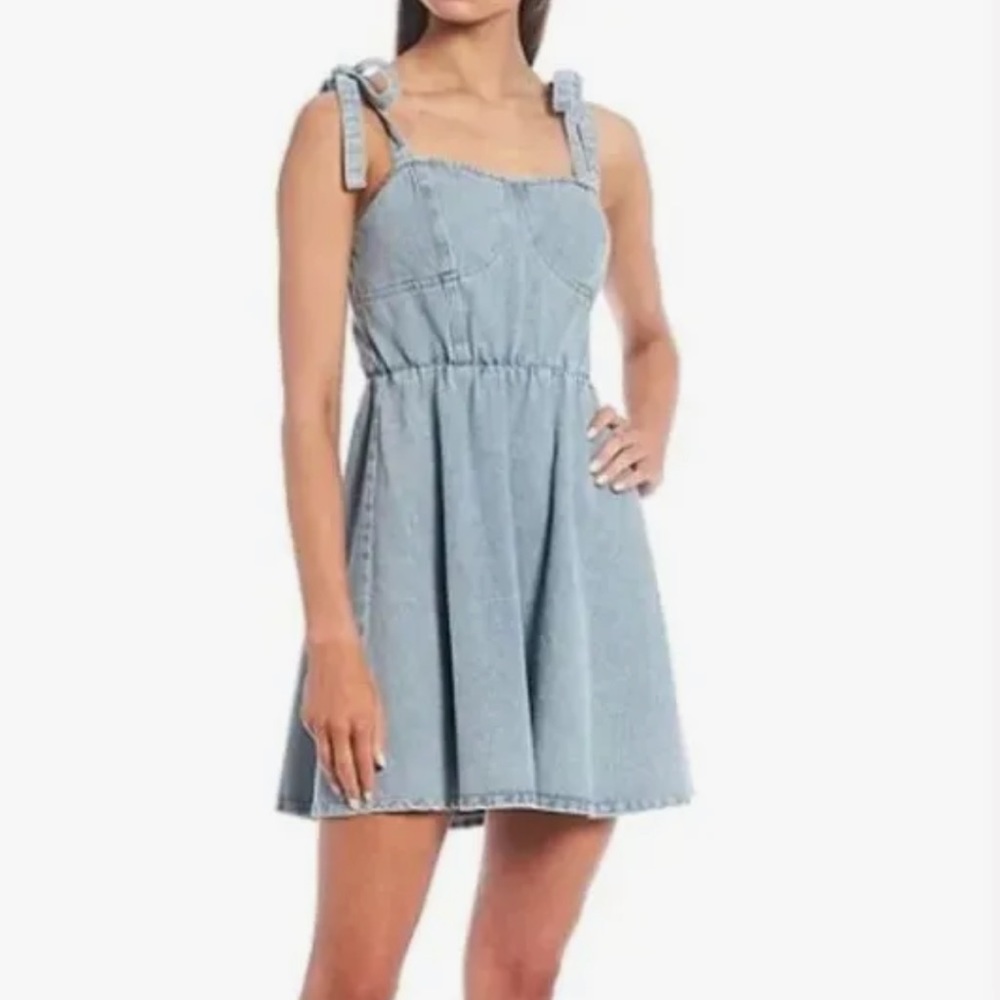 Gianni Bini Tie shoulder light wash denim mini dress size xs